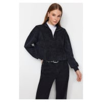 Trendyol Anthracite Weathered/Faded Effect Thick Fleece Inside Comfort Fit Crop Knitted Sweatshi