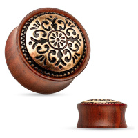 Sedlový plug do ucha ze dřeva mahagonové barvy, vyřezávaný kruh - Tloušťka : 19 mm