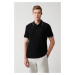 Avva Men's Black 100% Cotton Jacquard Regular Fit 2 Button Polo Neck T-shirt