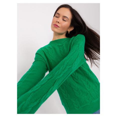 Zelený svetr s kabely, volný střih Fashionhunters
