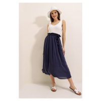 By Saygı Belted Waist and Lined Crepe Skirt Navy Blue