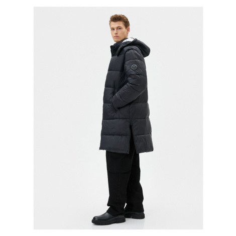 Koton Long Down Coat Hooded Zipper Back Printed Pocket