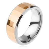 Wolframový prsten - dvojbarevný, geometricky broušený pás zlaté barvy