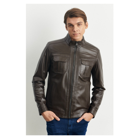 ALTINYILDIZ CLASSICS Men's Brown Standard Fit Normal Cut Baby Collar 100% Genuine Leather Coat AC&Co / Altınyıldız Classics