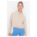 Trendyol Beige Crop Stand-Up Collar Fleece Inner Sports Sweatshirt