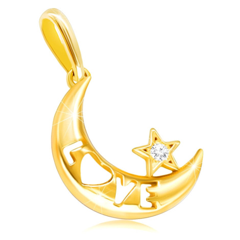 Diamantový přívěsek ze 14K žlutého zlata - měsíc s nápisem "LOVE", hvězda s briliantem Šperky eshop