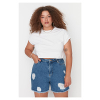 Trendyol Curve Dark Blue High Waist Destroyed Denim Shorts & Bermuda