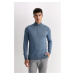 DEFACTO Men's Blue Standard Fit Regular Cut Half Turtleneck Half Zipper Knitwear Sweater