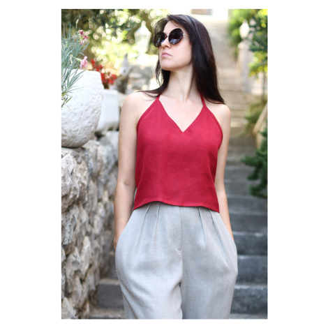 Lněný top Lotika se zavazováním kolem krku