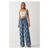 Happiness İstanbul Women's Blue Ecru Patterned Flowing Viscose Palazzo Trousers