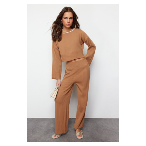 Trendyol Camel Piping Detailed Color Block Knitwear Two Piece Set