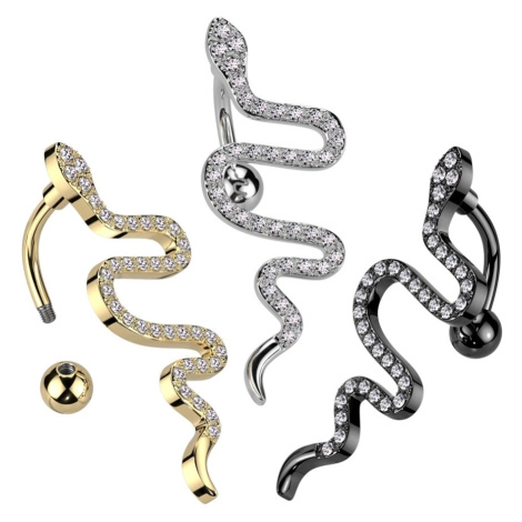 Ocelový piercing do pupíku - plazící se had, čirý zirkon, PVD - Barva: Zlatá Šperky eshop