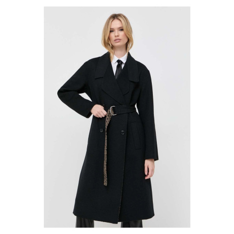 Vlněný kabát BOSS černá barva, přechodný, dvouřadový Hugo Boss