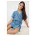 Trendyol Blue Belted Piping Detailed Viscose Woven Pajama Set