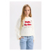 DEFACTO Girl Ecru Oversize Fit Wide Pattern Crew Neck Christmas Themed Knitwear Sweater