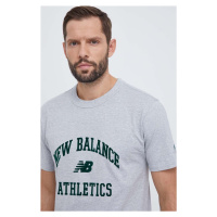 Bavlněné tričko New Balance šedá barva, s aplikací