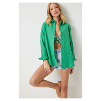 Happiness İstanbul Women's Green Oversize Long Basic Shirt