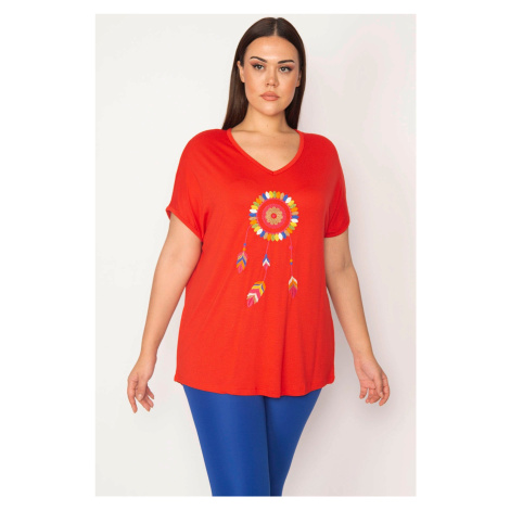 Şans Women's Plus Size Red Embroidery Detailed V-neck Low-Sleeve Blouse