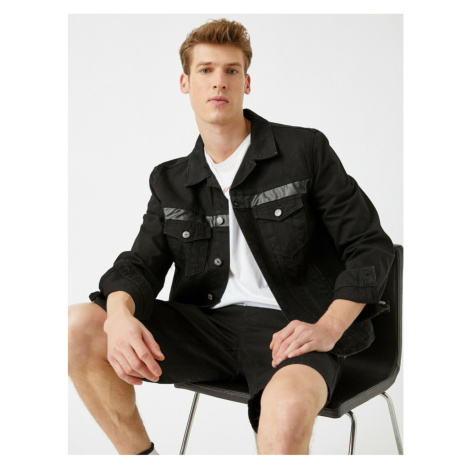 Koton Men's Black Buttoned Faux Leather Detailed Jean Jacket