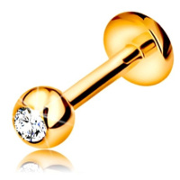 Piercing ve žlutém 14K zlatě - do rtu, brady a nad ret, kulička se zirkonem, 1,6 mm