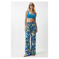 Happiness İstanbul Women's Yellow Blue Patterned Loose Viscose Palazzo Trousers