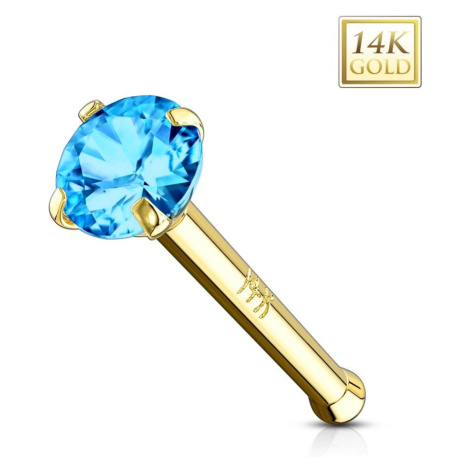Zlatý piercing do nosu 585 - rovný tvar, světle modrý zirkon, žluté zlato, 2 mm Šperky eshop