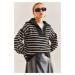 Bianco Lucci Women&#39;s Zippered Striped Knitwear Pullover Sweatshirt