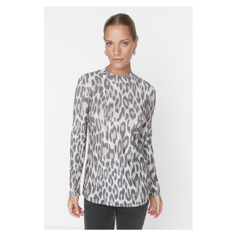Trendyol hnědý pletený tunik s leopardím vzorem