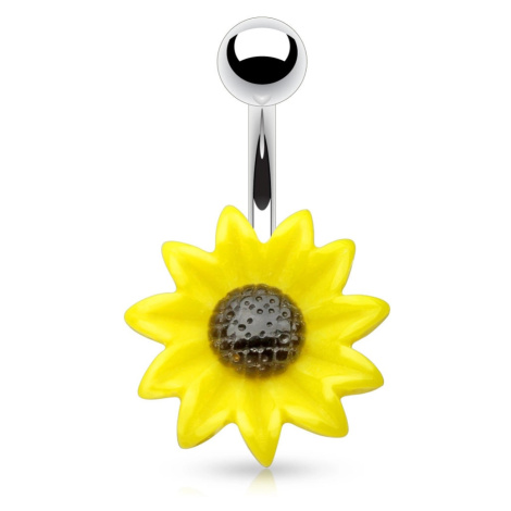 Ocelový piercing do pupíku, akrylový žlutočerný květ slunečnice Šperky eshop