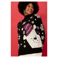 Trendyol černý oversize svetr s vánočním motivem