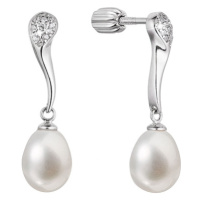 Stříbrné náušnice visací s oválnou říční perlou a zirkony bílé 21097.1B