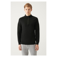 Avva Men's Black Half Zipper High Neck Knit Detail Cotton Regular Fit Knitwear Sweater
