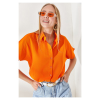Olalook Women's Orange Bat Oversize Linen Shirt