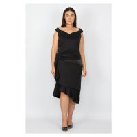 Şans Women's Plus Size Black Dress With Waist And Skirt Detail