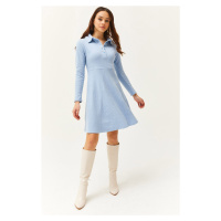 Olalook Women's Baby Blue Polo Collar Buttoned Mini Flared Dress