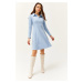 Olalook Women's Baby Blue Polo Collar Buttoned Mini Flared Dress