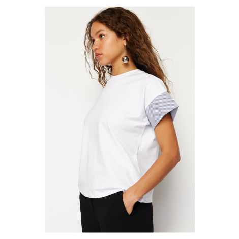 Trendyol White Relaxed/Comfortable Cut Poplin Sleeve Detailed Knitted T-Shirt