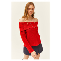 Olalook Women's Red Madonna Collar Soft Textured Knitwear Sweater