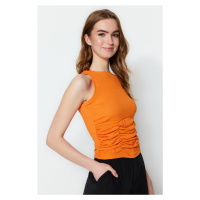 Trendyol Orange Shirring Detail Crispy Crop, Knitted Blouse
