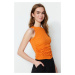 Trendyol Orange Shirring Detail Crispy Crop, Knitted Blouse