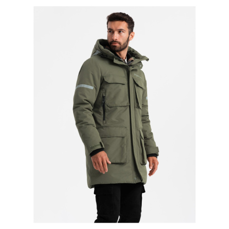 Ombre Men's insulated long jacket with reflective elements - olive