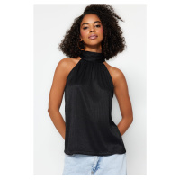 Trendyol Black Stand Up Collar Pleated Knitted Blouse