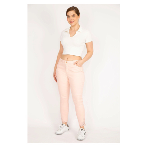 Şans Women's Pink Plus Size Lace Detail Jeans Trousers
