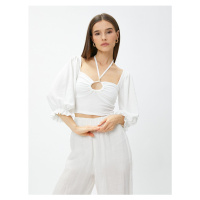 Koton Crop Blouse Gimped Balloon Sleeve Collar Detailed