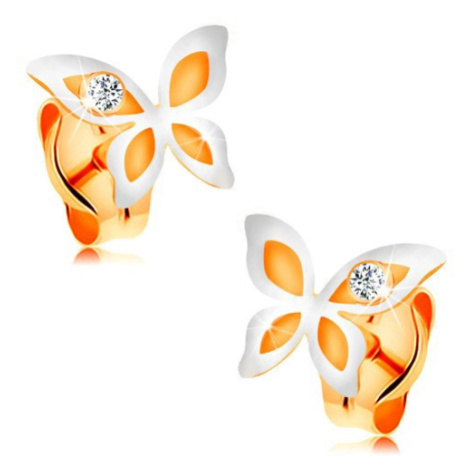 Náušnice ve 14K zlatě - dvoubarevný motýlek s kulatým čirým zirkonkem Šperky eshop