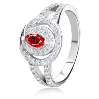 Stříbrný prsten 925, mohutná ozdoba - čirá zirkonová obruč s červeným zirkonovým zrnkem, zdvojen