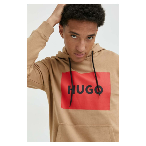 Bavlněná mikina HUGO pánská, béžová barva, s kapucí, s potiskem Hugo Boss