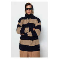 Trendyol Navy Blue-Mink Oversize Fit Wide Fit Striped Hooded Knitwear Sweater