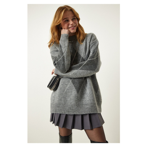 Happiness İstanbul Medium Gray Premium Diamond Pattern Oversize Knitwear Sweater
