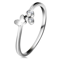 Diamantový prsten z bílého 14K zlata - dva čiré brilianty, lesklý motýlek
